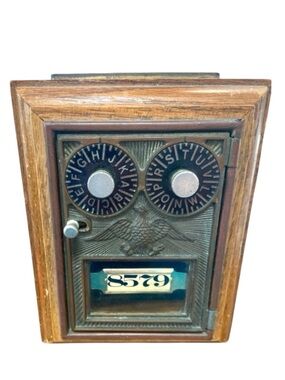 Vintage Post Office Lockbox Coin Bank Wood & Brass Keyless Lock Continental Gum